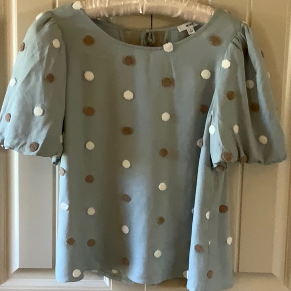Sage green blouse with tan and cream raised polka dots